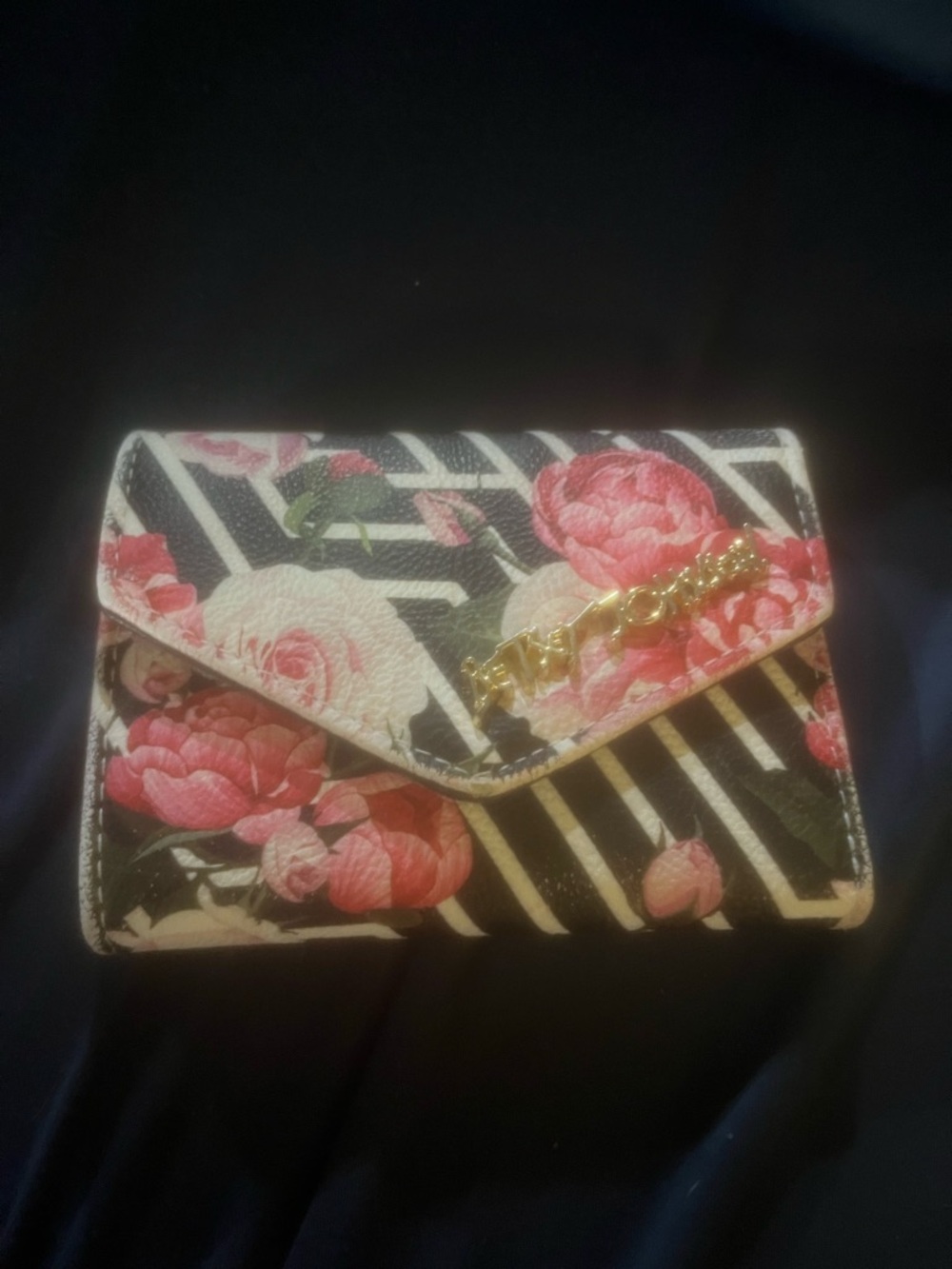 Betsey Johnson Black & Pink Floral Envelope Clutch with Gold Chain
